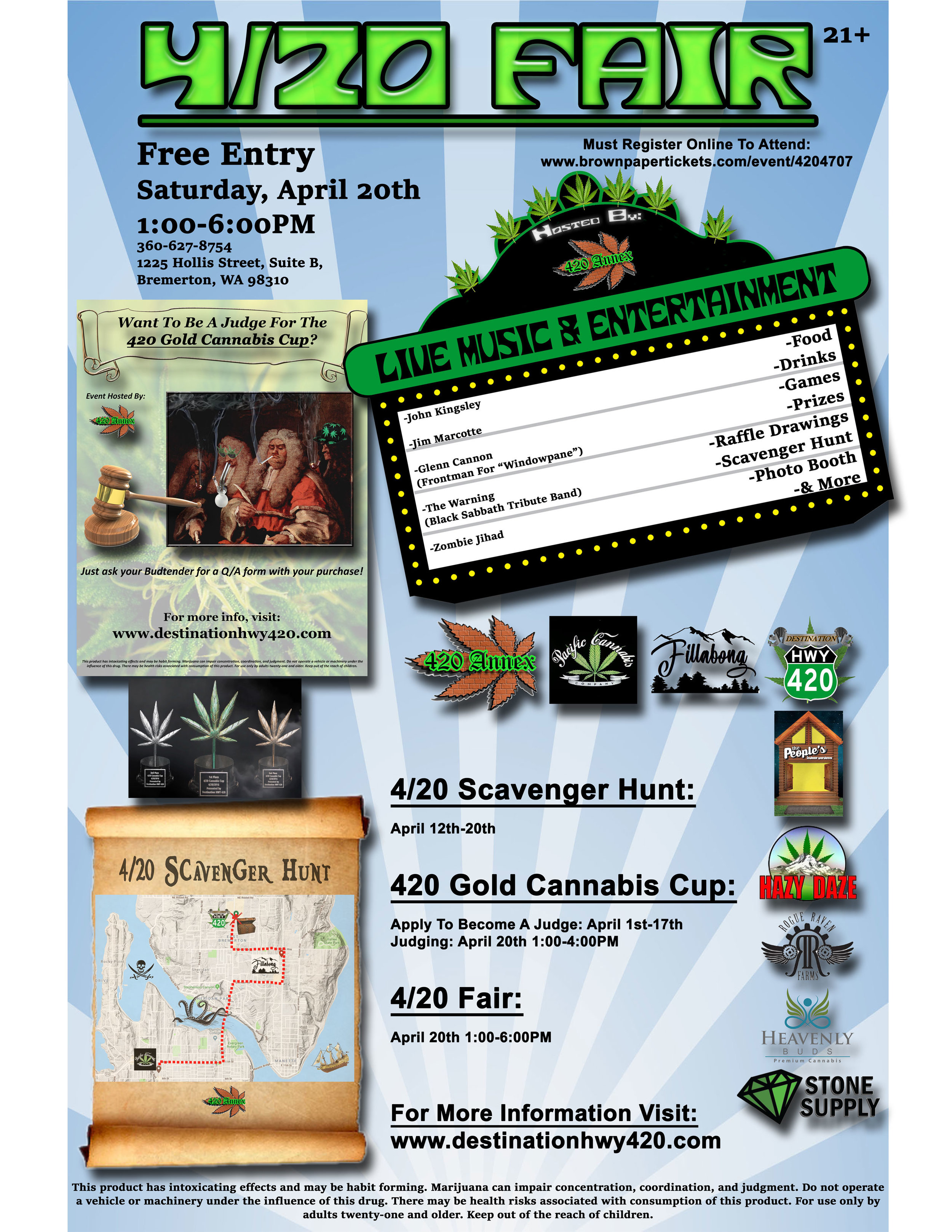 The 4/20 Fair, held in East Bremerton every year, is hosted by the 420 Annex. For 4/20/2019, the Fair will be bigger and better than ever! Join us and the rest of your Best Buds for food, drinks, live music, games, prizes, raffle drawings, scavenger hunts, photo booths, and more. We hope you’ll be joining us and the rest of the Kitsap Cannabis Community for this special Cannabis Culture Holiday.