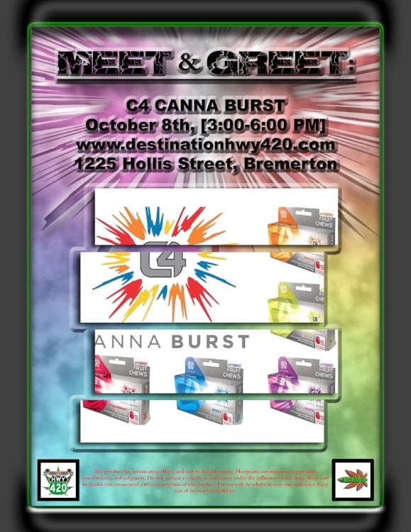 C4 Canna Burst is a line of marijuana infused chewy fruit candy available in Washington State. C4 produces some delicious flavors such as Berry Bomb, Grape Grenade, Lemon Blast, Mango Mortar, and Strawberry Surge. Their edibles are formulated to have strain qualities, Sativa having uplifting cerebral effects, Indica with relaxing and sedative effects. The C4 Canna Burst line of products are available at Destination HWY 420 in East Bremerton.