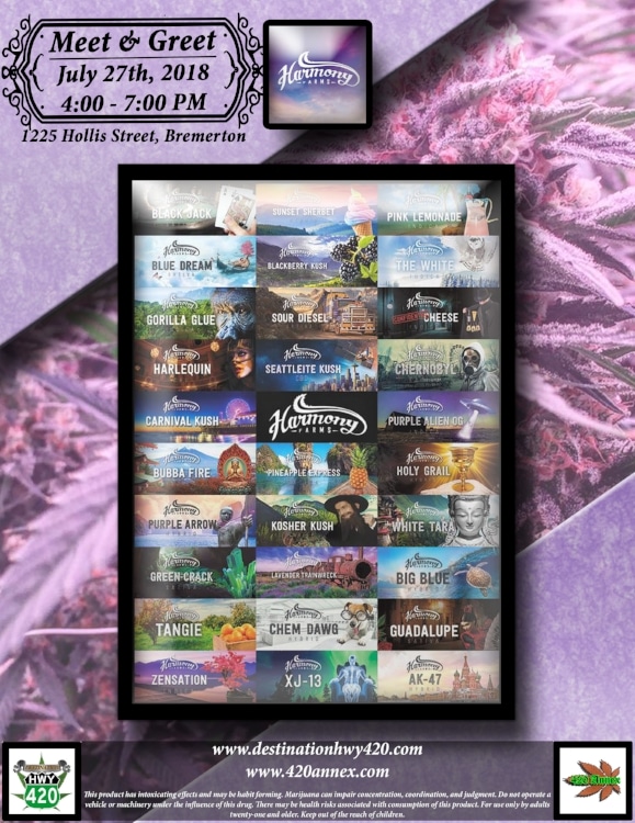 Harmony Farms will be visiting Destination HWY 420 in East Bremerton this Friday for a Meet &amp; Greet. Harmony Farms is a clean and compassionate marijuana producer/processor that is setting the standard for Washington cannabis.