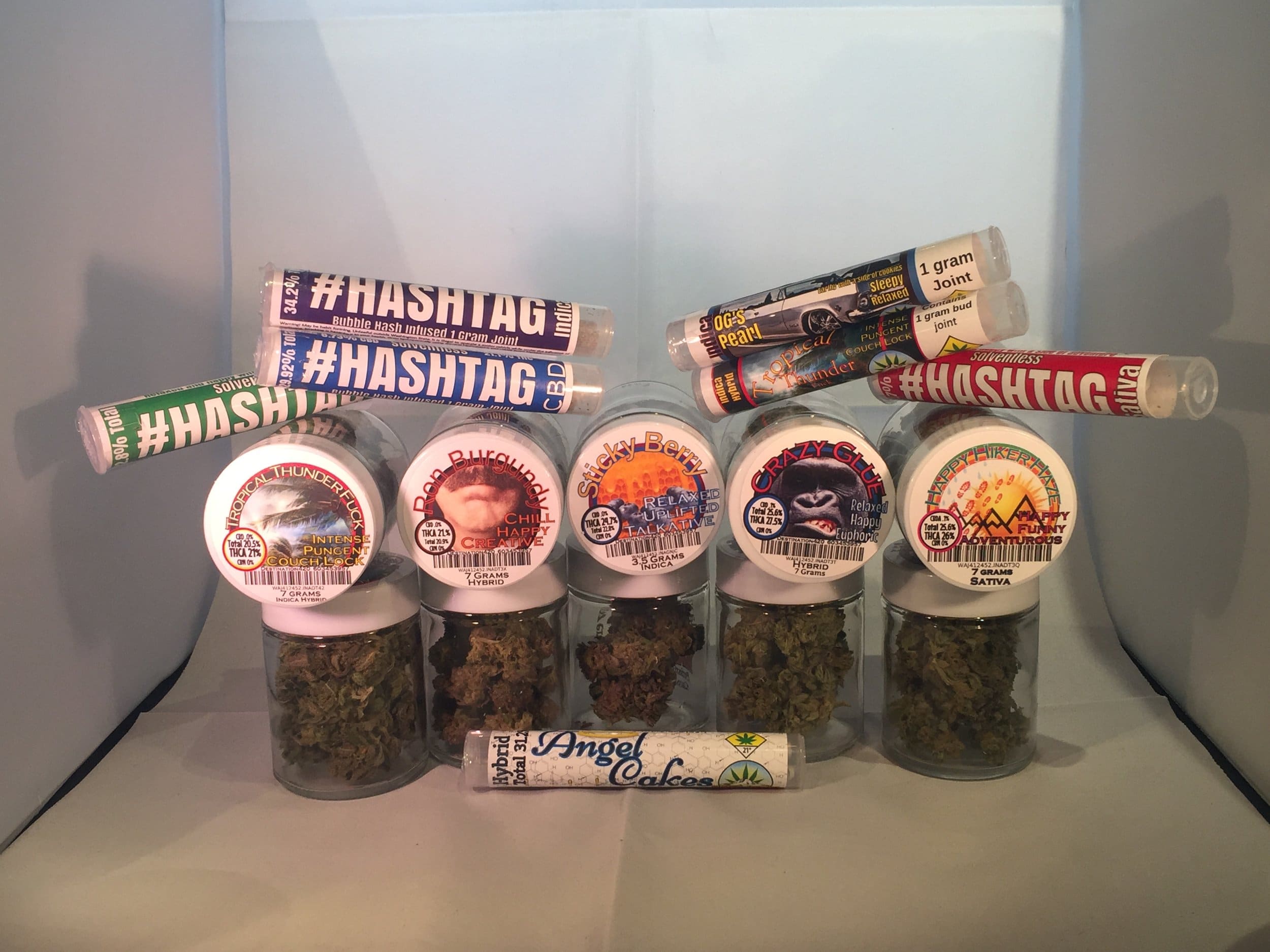 These are some of the smokeable marijuana products that are produced by Hazy Daze Growers. Hazy Daze’s newest product in this picture are the #Hashtag Infused Joints. #Hashtag infused joints contain flower and BHO.