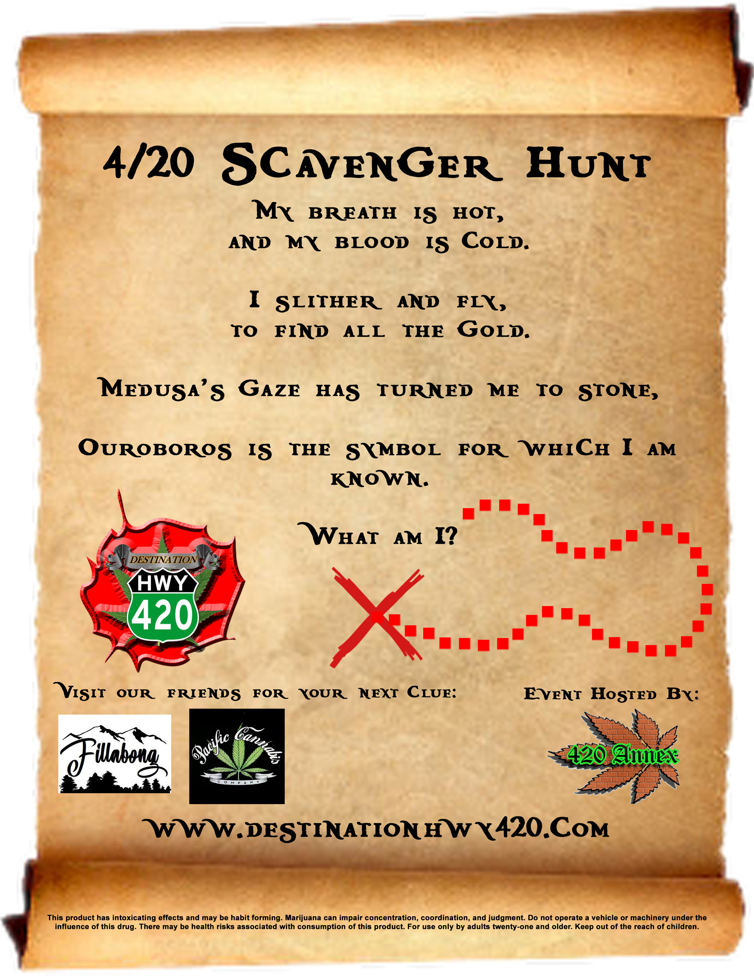 This is an example riddle from Destination HWY 420 for the 4/20 Scavenger Hunt. Fillabong Bremerton, Pacific Cannabis Company, and Destination HWY 420 are all participating in the 2019 4/20 Scavenger Hunt. To participate, stop by one of these marijuana retail stores, pick up a passport card, and solve each store’s riddle. Once you’ve completed your passport card, bring it with you to the 4/20 Fair for a chance to win some incredible 420 Annex gift baskets!