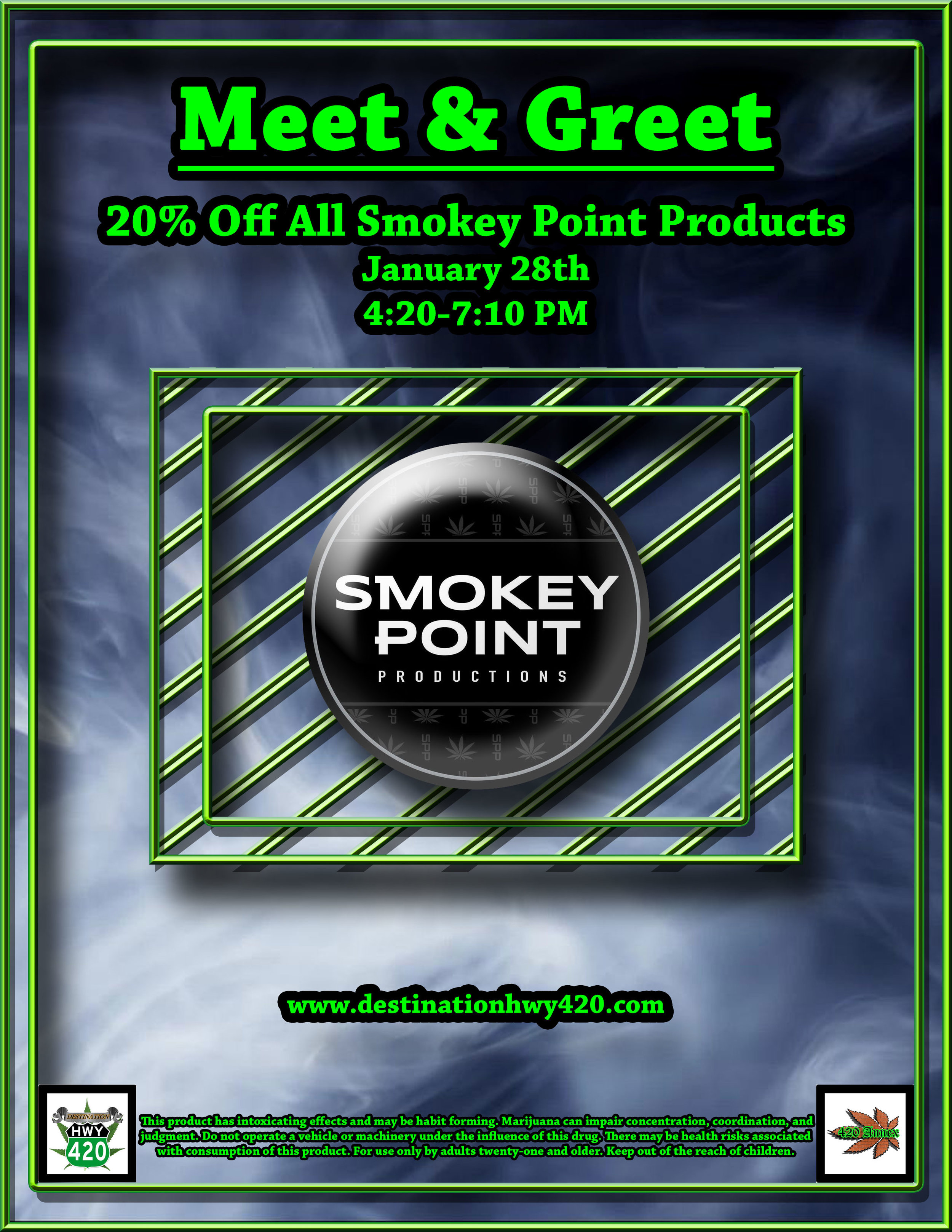 Smokey Point Productions, a marijuana producer/processor from Arlington, WA will be visiting Destination HWY 420 for a Meet &amp; Greet. SPP offers amazing cannabis products for great prices, such as: Flower, Infused Prerolled Joints, Vape Cartridges, Concentrates, and Edibles. Come visit us in East Bremerton to learn more!