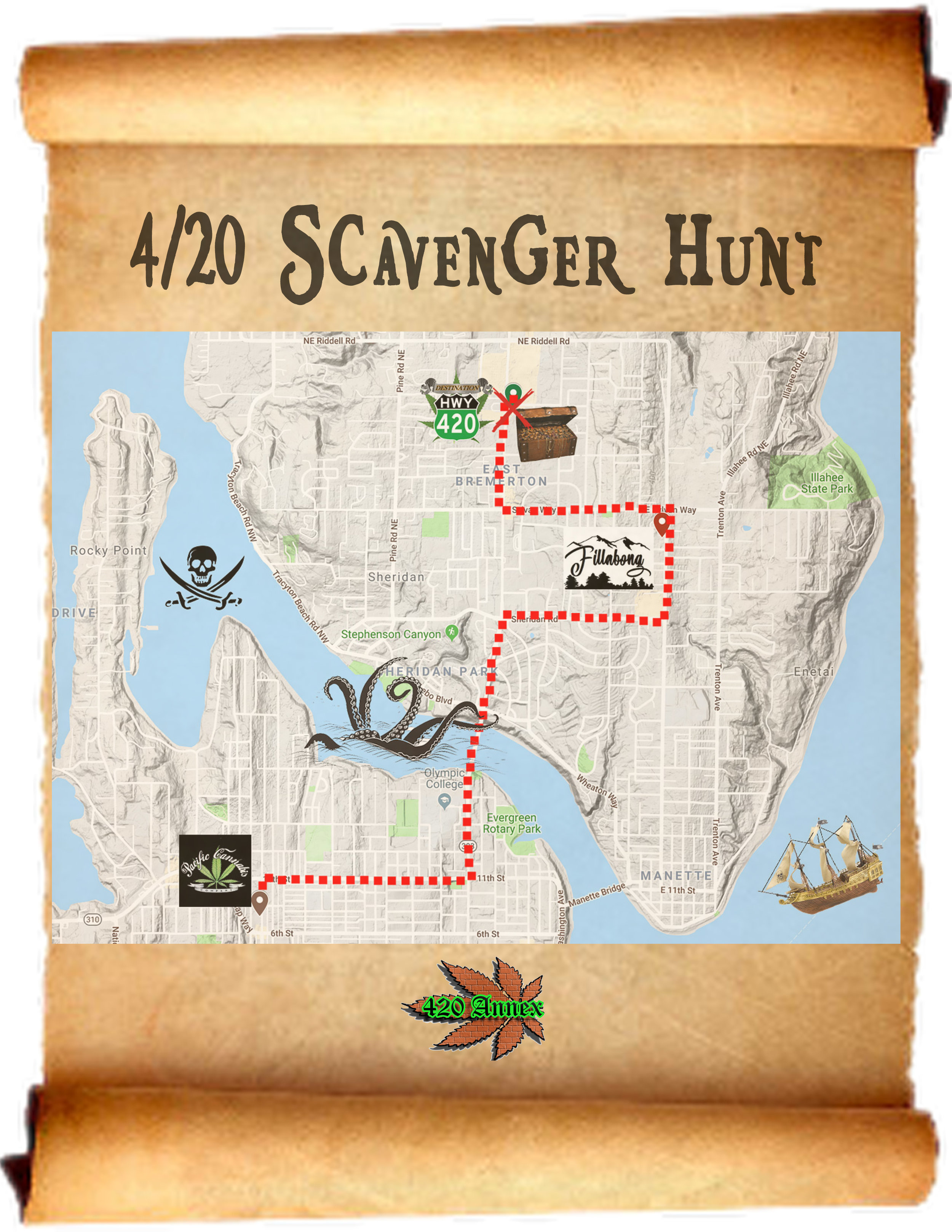 To participate in the Kitsap County 4/20 Scavenger Hunt, visit Filabong Bremerton, Pacific Cannabis Company, and Destination HWY 420, solve each stores’ riddle, and find their mystery items, to be eligible to win some badass 420 Annex gift baskets!